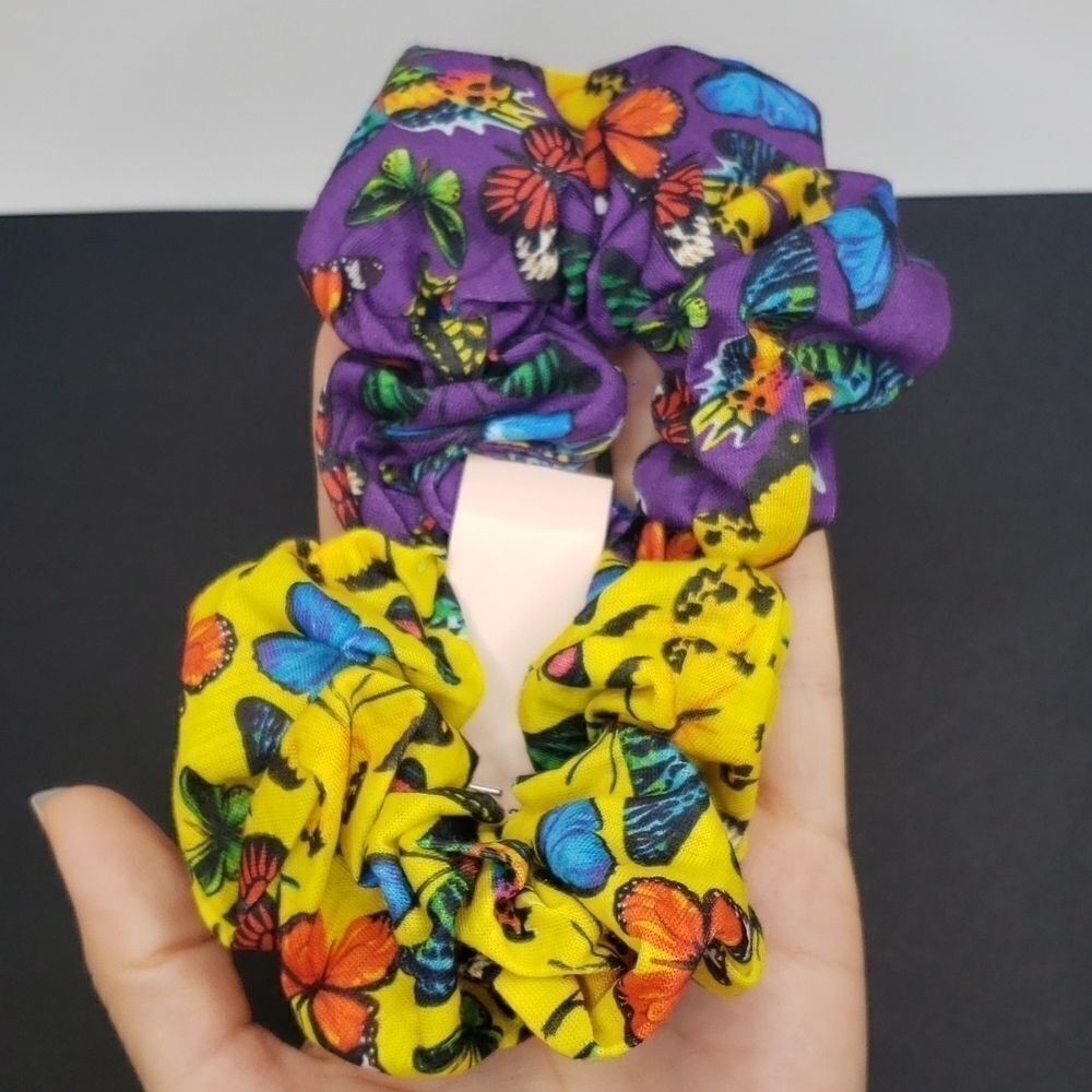 Purple,yellow butterfly scrunchies